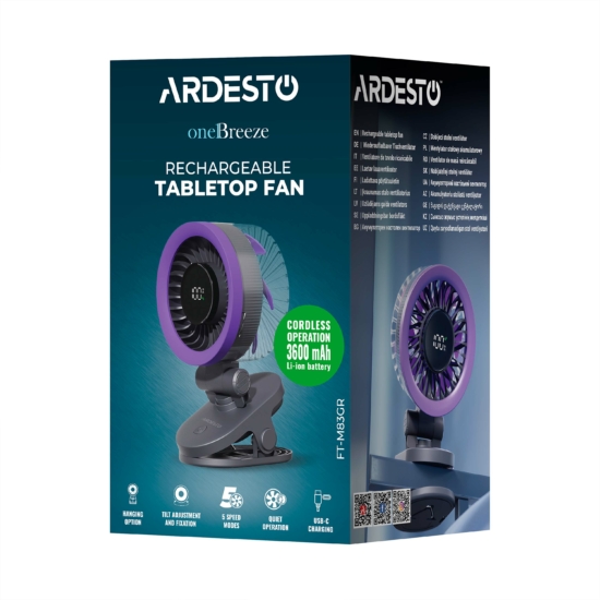 Вентилятор ARDESTO OneBreeze FT-M83GR настільний/настінний, прищіпка, 9см, дисплей, акумулятор, USB-A Type-C, сірий
