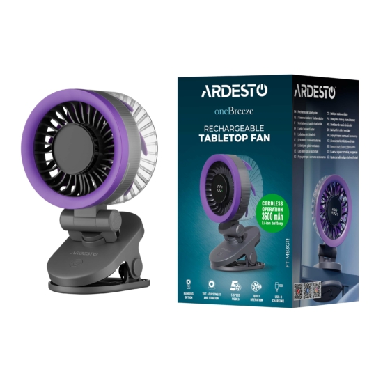 Вентилятор ARDESTO OneBreeze FT-M83GR настільний/настінний, прищіпка, 9см, дисплей, акумулятор, USB-A Type-C, сірий