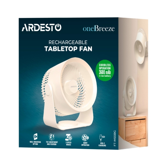 Вентилятор ARDESTO OneBreeze FT-M55BG настільний/настінний, 14см, акумулятор, USB-A Type-C, бежевий