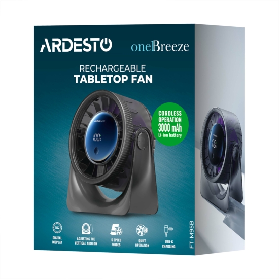 Вентилятор ARDESTO OneBreeze FT-M95B настільний, 12см, дисплей, акумулятор, USB-A Type-C, сірий