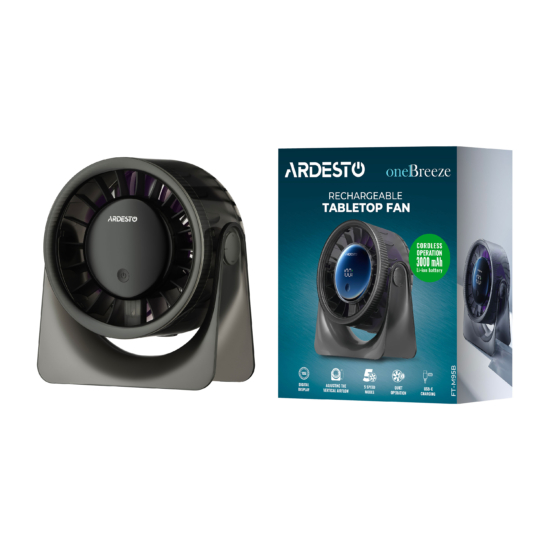 Вентилятор ARDESTO OneBreeze FT-M95B настільний, 12см, дисплей, акумулятор, USB-A Type-C, сірий