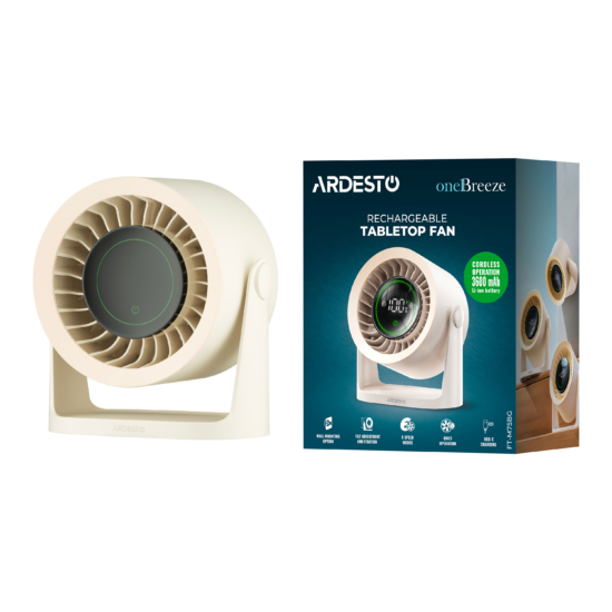 Вентилятор ARDESTO OneBreeze FT-M75BG настільний/настінний, 12см, ел. кер-ня, дисплей, акумулятор, USB-A Type-C, бежевий
