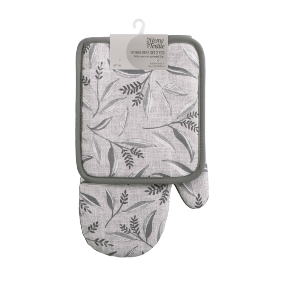 Potholder set for kitchen ARDESTO Grey leaves 18х20cm, 18х30cm, 100% polyester (front), 100% cotton (back), grey