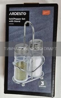 Salt and pepper set with stand Ardesto Gemini, 3psc, stainless steel, glass, transparent