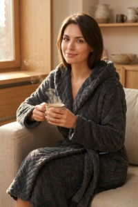Women’s bathrobe ARDESTO Zigzag, size S/M, 100% polyester, grey