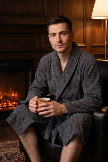 Men’s bathrobe ARDESTO Stripe, size XL/XXL, 100% polyester, grey