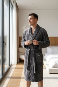 Men’s bathrobe ARDESTO Stripe, size XL/XXL, 100% polyester, grey