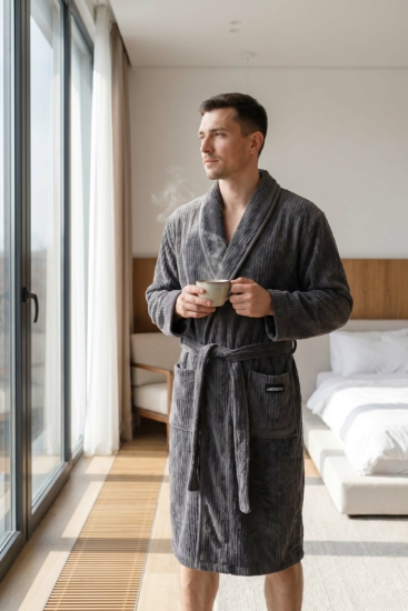 Men’s bathrobe ARDESTO Stripe, size XL/XXL, 100% polyester, grey