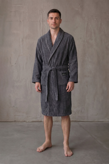 Men’s bathrobe ARDESTO Stripe, size XL/XXL, 100% polyester, grey