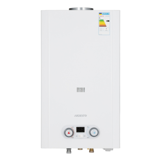Gas heater ARDESTO HB03 10l/min 20kW Low NOx display battery ignition white