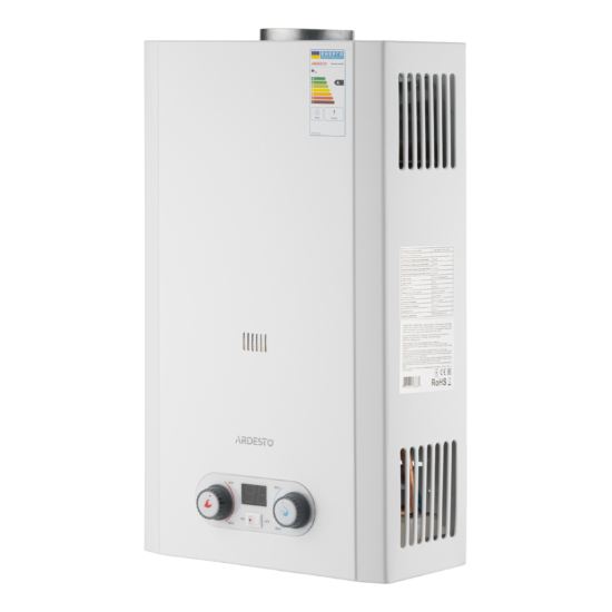 Gas heater ARDESTO HB03 10l/min 20kW Low NOx display battery ignition white