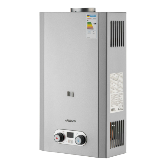 Gas heater ARDESTO HB03 10l/min 20kW Low NOx display battery ignition stainless steel