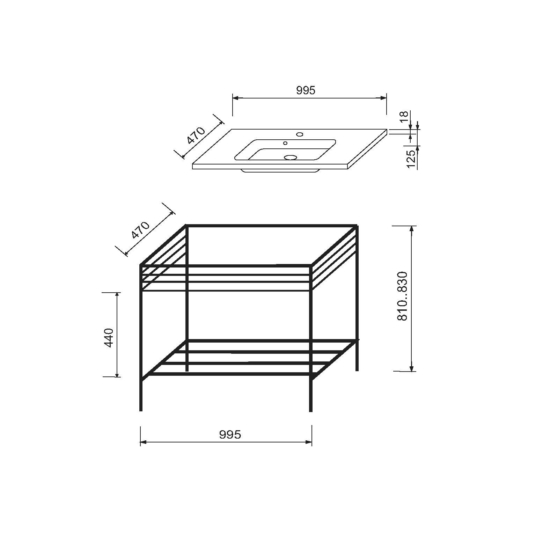 Bathroom set, metal cabinet ARDESTO, 990x470x830mm, black + ALBA washbasin, 995x470x125mm, white