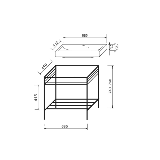 Bathroom set, metal cabinet ARDESTO, 685x410x760mm, black + Louise washbasin, 685x410x123mm, white