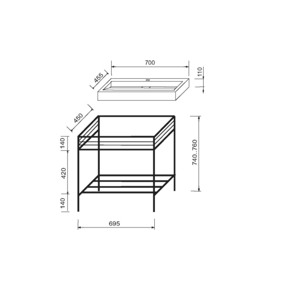 Bathroom set, metal cabinet ARDESTO, 685x450x760mm, black + Anna washbasin, 700x455x110mm, white