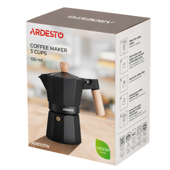 Coffee maker ARDESTO Midori 120ml, 3 cups, aluminum, bamboo