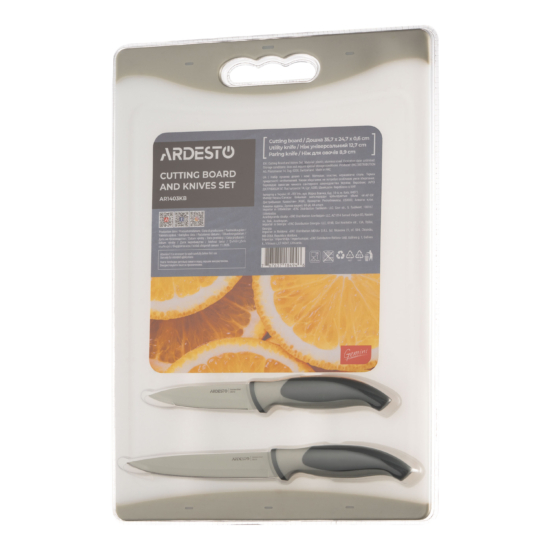 Cutting board and knives set ARDESTO Gemini, 3pcs, 35.7×24.7×0.6cm, 8.9cm, 12.7cm, plastic, stainless steel