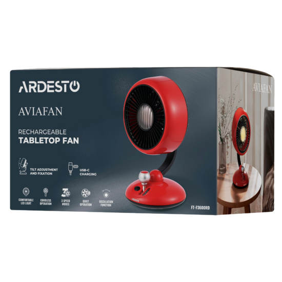 Table fan ARDESTO AviaFan FT-F3600RD desktop, 12cm, rechargeable, backlight, USB-A Type-C, red