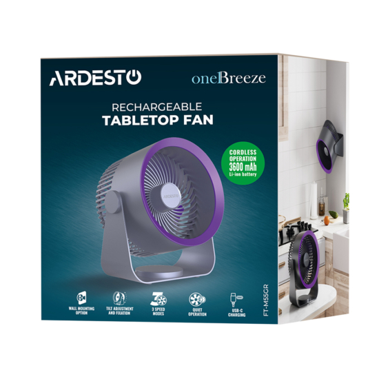 Вентилятор ARDESTO OneBreeze FT-M55GR настільний/настінний, 14см, акумулятор, USB-A Type-C, сірий