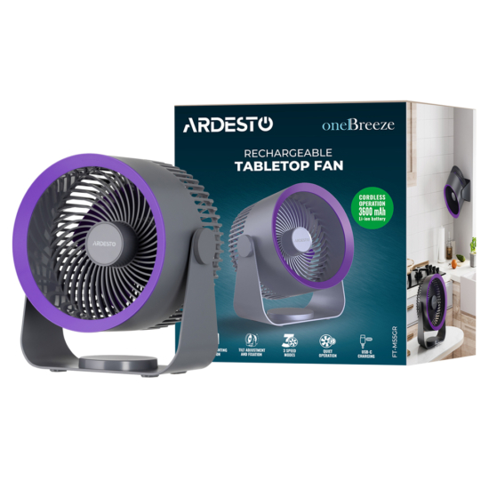 Вентилятор ARDESTO OneBreeze FT-M55GR настільний/настінний, 14см, акумулятор, USB-A Type-C, сірий