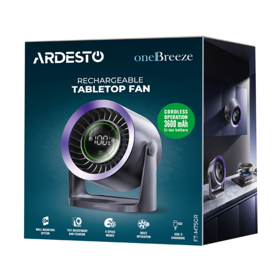 Desktop fan ARDESTO OneBreeze FT-M75GR desktop/wall-mounted, 12cm, electric control, display, rechargeable, USB-A Type-C, grey