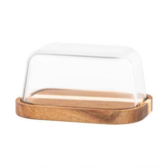 Butter dish Ardesto Midori, 15?10.8?7.5cm, borosilicate glass, wood, transparent
