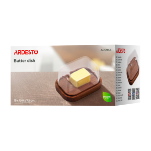 Butter dish Ardesto Midori, 15?10.8?7.5cm, borosilicate glass, wood, transparent