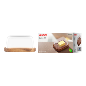 Butter dish Ardesto Midori, 15?10.8?7.5cm, borosilicate glass, wood, transparent