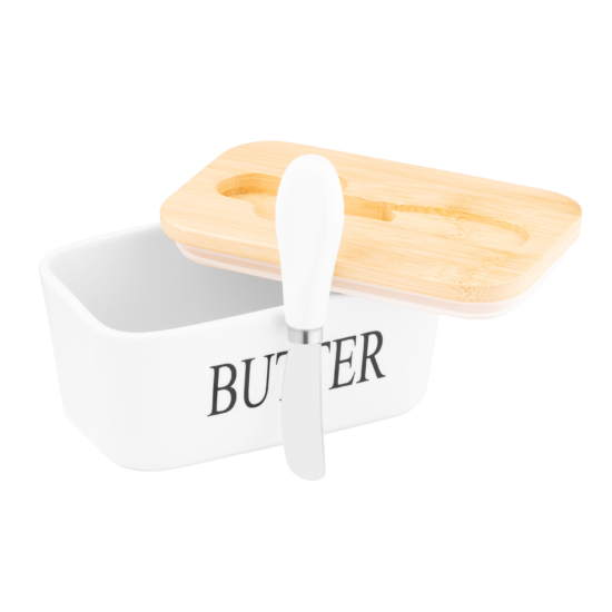 Butter dish Ardesto Midori, 16?9.9?7.7cm, bamboo, ceramic, stainless steel, white