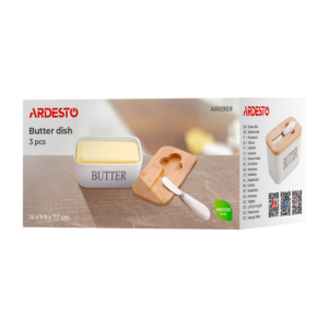 Butter dish Ardesto Midori, 16?9.9?7.7cm, bamboo, ceramic, stainless steel, white