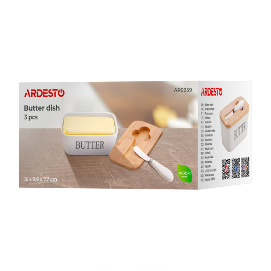 Butter dish Ardesto Midori, 16?9.9?7.7cm, bamboo, ceramic, stainless steel, white