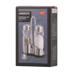 Salt and pepper set with stand Ardesto Gemini, 12cm, 3psc, stainless steel, glass, transparent
