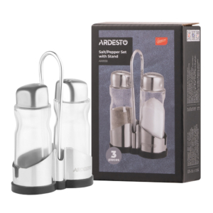 Salt and pepper set with stand Ardesto Gemini, 12cm, 3psc, stainless steel, glass, transparent