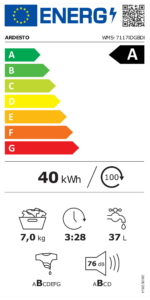 Washing machine ARDESTO front load, 7kg, 1200, A+++, 48cm, display, steam, inverter, drum lighting, grey