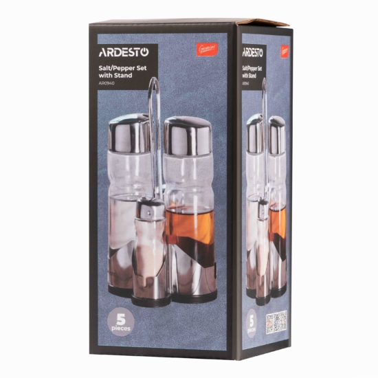 Salt and pepper set with stand Ardesto Gemini, 20.5cm, 5psc, stainless steel, glass, transparent