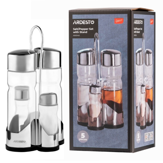 Salt and pepper set with stand Ardesto Gemini, 20.5cm, 5psc, stainless steel, glass, transparent