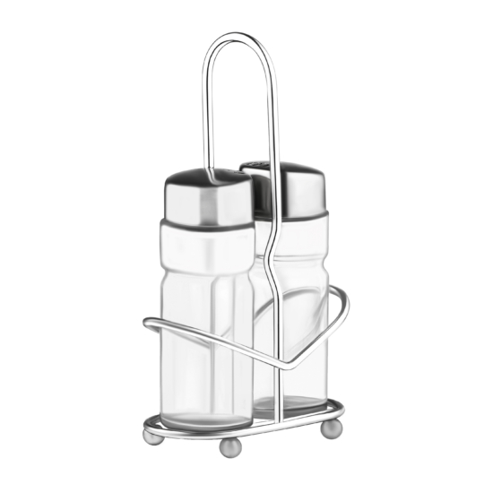Salt and pepper set with stand Ardesto Gemini, 3psc, stainless steel, glass, transparent