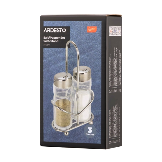 Salt and pepper set with stand Ardesto Gemini, 3psc, stainless steel, glass, transparent