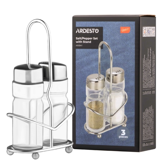 Salt and pepper set with stand Ardesto Gemini, 3psc, stainless steel, glass, transparent