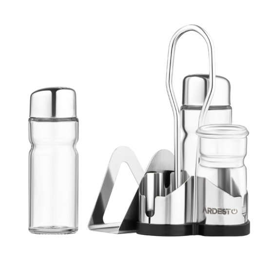 Salt and pepper set with stand Ardesto Gemini, 13cm, 4psc, stainless steel, glass, transparent