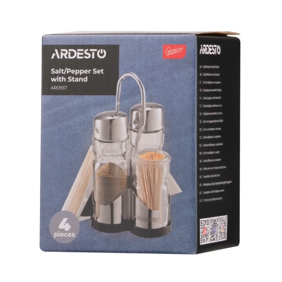 Salt and pepper set with stand Ardesto Gemini, 13cm, 4psc, stainless steel, glass, transparent