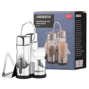 Salt and pepper set with stand Ardesto Gemini, 13cm, 4psc, stainless steel, glass, transparent
