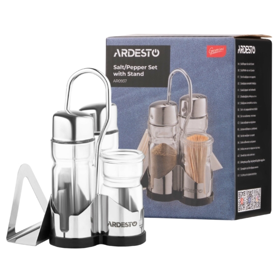 Salt and pepper set with stand Ardesto Gemini, 13cm, 4psc, stainless steel, glass, transparent