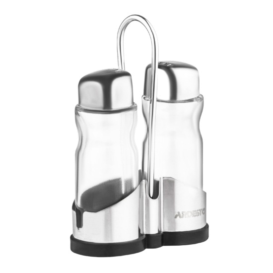 Salt and pepper set with stand Ardesto Gemini, 12cm, 3psc, stainless steel, glass, transparent