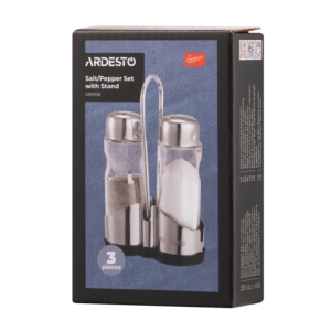 Salt and pepper set with stand Ardesto Gemini, 12cm, 3psc, stainless steel, glass, transparent