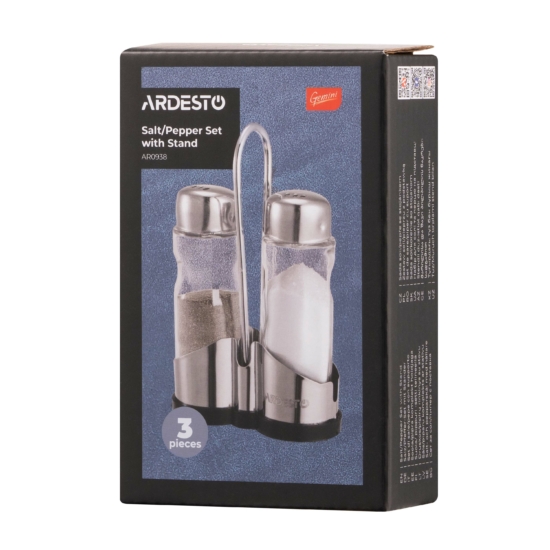 Salt and pepper set with stand Ardesto Gemini, 12cm, 3psc, stainless steel, glass, transparent