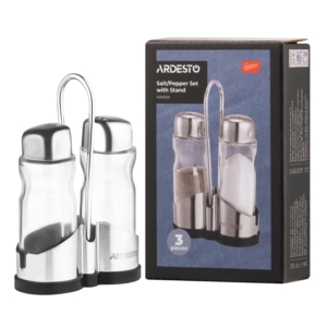 Salt and pepper set with stand Ardesto Gemini, 12cm, 3psc, stainless steel, glass, transparent