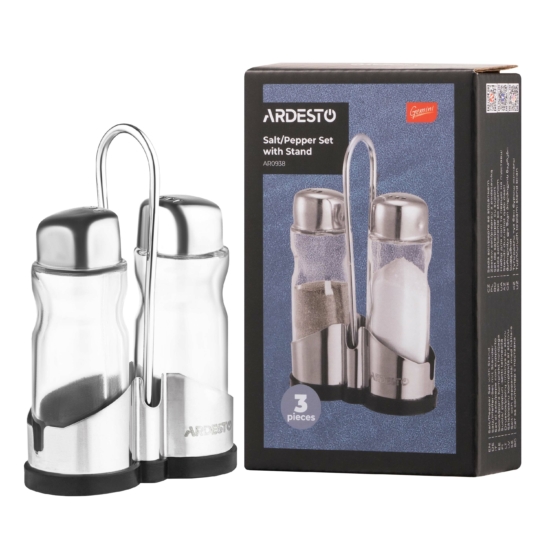 Salt and pepper set with stand Ardesto Gemini, 12cm, 3psc, stainless steel, glass, transparent