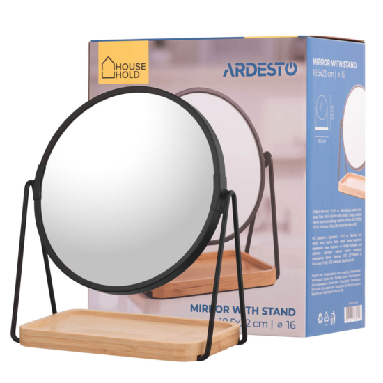 Дзеркало з підставкою 16″ Ardesto 16.5x10x1.5см, скло, бамбук, метал, пластик, чорний