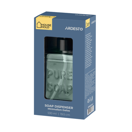 Soap dispenser ARDESTO Minimalism Dallas, 530ml, soda-lime glass, plastic, turquoise
